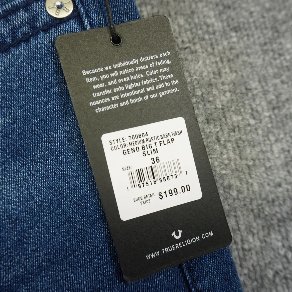 NEW True Religion Geno Relaxed Slim Jeans Mens 36x32 Blue Big T Flap Pocket